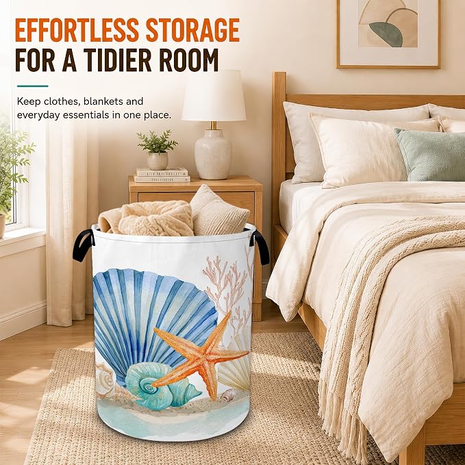 Starfish Laundry Basket,Coral Seashells Large Collapsible Portable Round Laundry Hamper with Handles,Oxford Storage Bin for Clothes,Blankets,Bedroom,Bathroom
