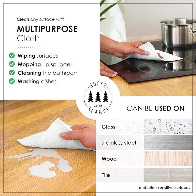 SUPERSCANDI 5 Pack Swedish Dishcloths for Kitchen - 100% Biodegradable & Compostable Reusable Paper Towels Washable, Food-Safe & Without Plastic - Dish Rags Suitable for Any Surface, Moon Green