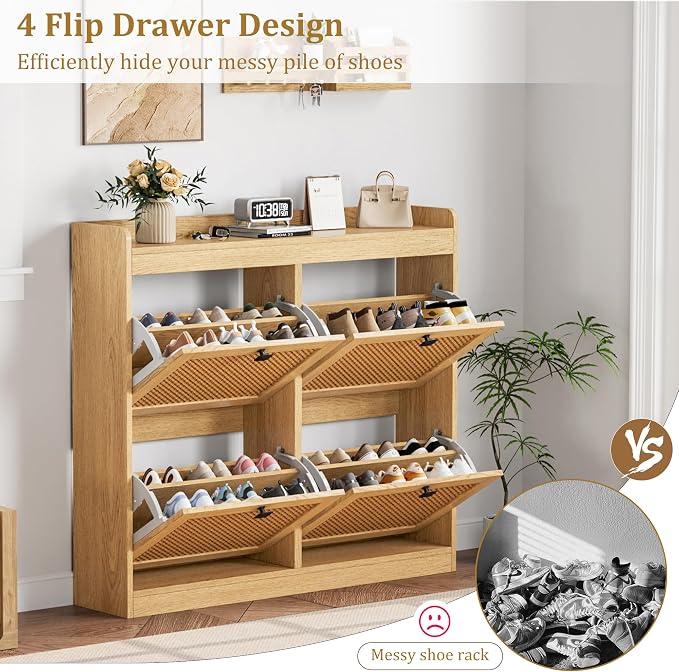 Garvee Shoe Storage Cabinet with 4 Flip Drawers, Wood Shoe Cabinet with Rattan Doors and Adjustable Shelves- Freestanding Shoe Organizer for Entryway, Hallway