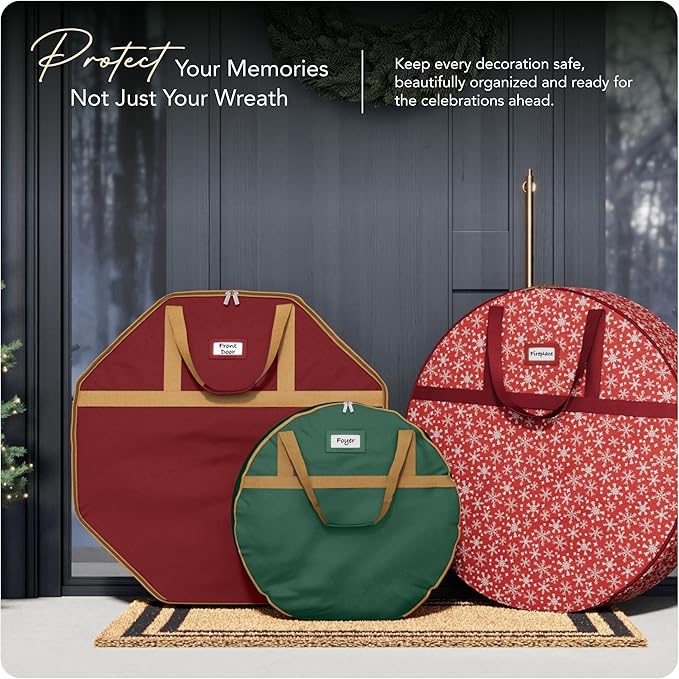 Covermates Keepsakes Wreath Storage Bag – Heavy-Duty Polyester with Buckle Straps & Interior Pouch – Protective Holiday Wreath Organizer with Handles, D-Ring & Label Window, Green