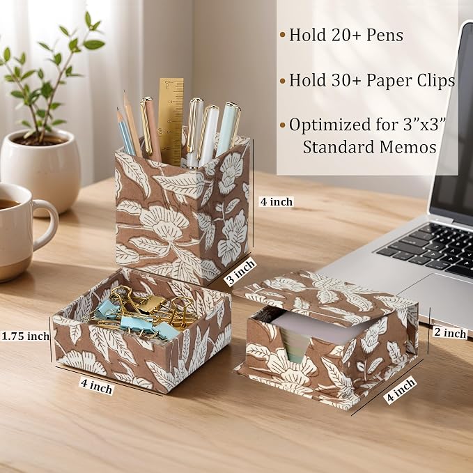 Ridhi Oak Brown Block Print Handmade Office Desk Organizer Pen and Sticky Note accessories Holder Cute, Aesthetic, Decor workspace Caddy Gift for Office, Teachers, Professionals, Students