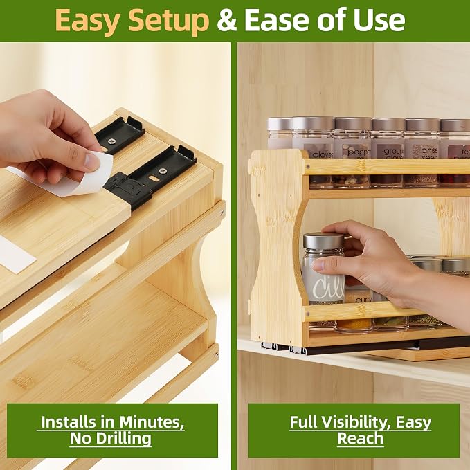 BAMEOS Pull Out Spice Rack Organizer for Cabinet, Bamboo Wide 4.2" Slide Out Seasoning Organizer for Kitchen, No Drill Anti-Tip Ball Bearing Silent Glides, Pantry Cabinet Organizer,Natural