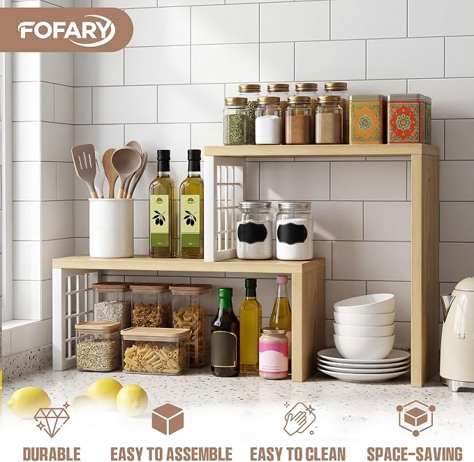 Kitchen Countertop Organizer, 2 Tier Corner Counter Shelf, Beige | Adjustable Cabinet Organizer Shelf, Spice Rack, for Kitchen, Coffee Station, Stackable, Expandable, Fits Corners