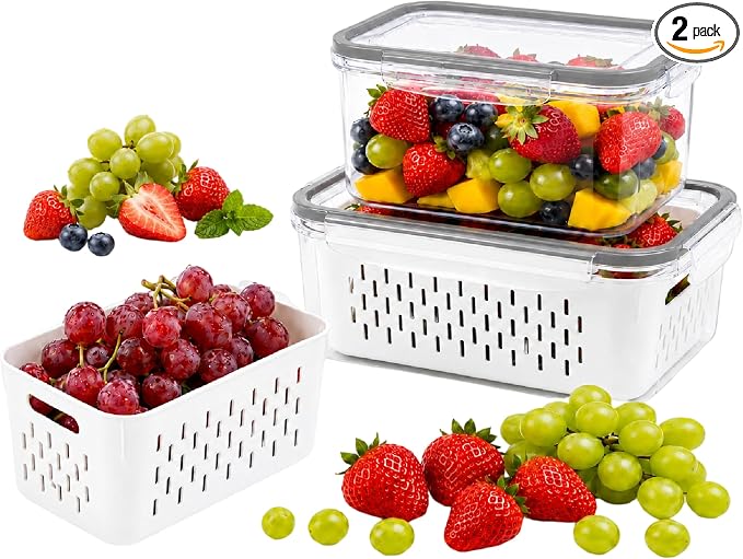 Fruit storage containers for fridge, with detachable drainer basket and airtight seal, stackable produce organizer, prolongs freshness of berries, greens, meats