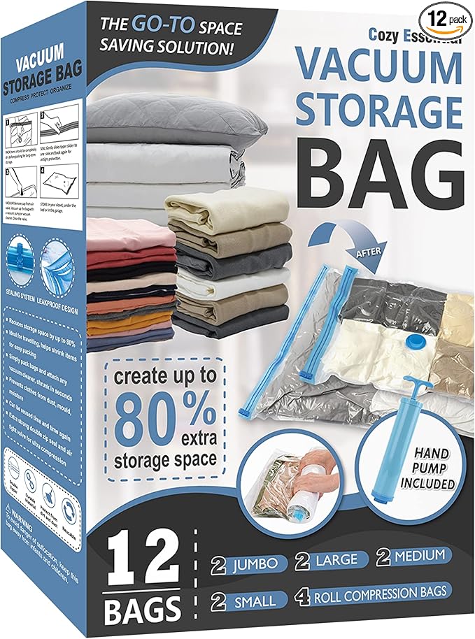 Cozy Essential Vacuum Storage Bags, 80% Compression Vacuum Seal Space Saver Plastic Packaging Bags for Clothes, Blankets, Pillow, Bedding, Comforters, Sealer Clothing Storage,12 Combo