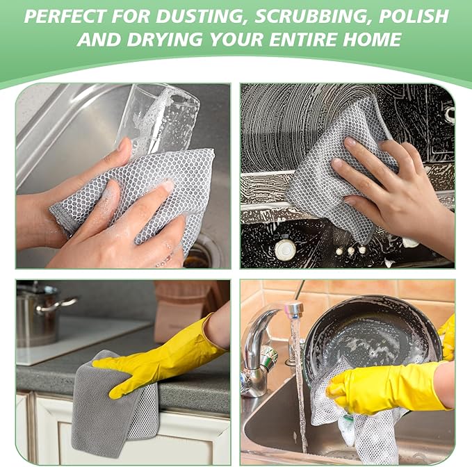SINLAND Microfiber Dish Cloths Dish Rags for Washing Dishes Best Kitchen Washcloth Cleaning Cloths with Poly Scour Side 12Inchx12Inch 10Pack Grey