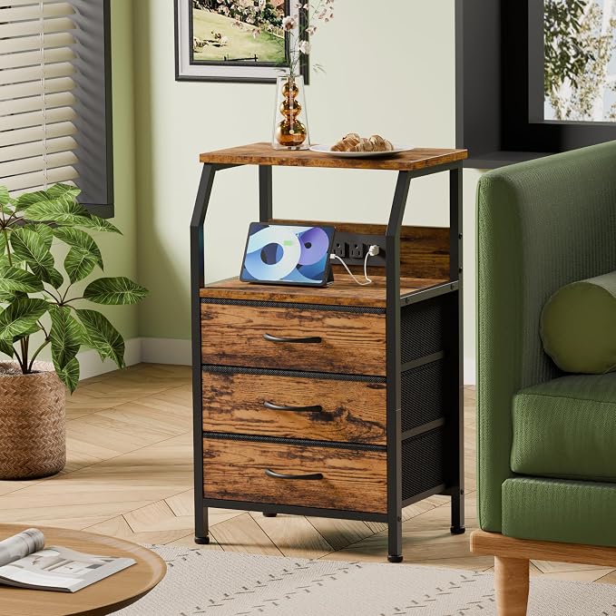 Furnulem Night Stand with Charging Station, USB Ports and Outlets, 28.3 Inch Tall Bedside Table with Wood Shelf, 3 Fabric Drawers Side Table for Bedroom, 3 Ways to Use, Rustic Brown