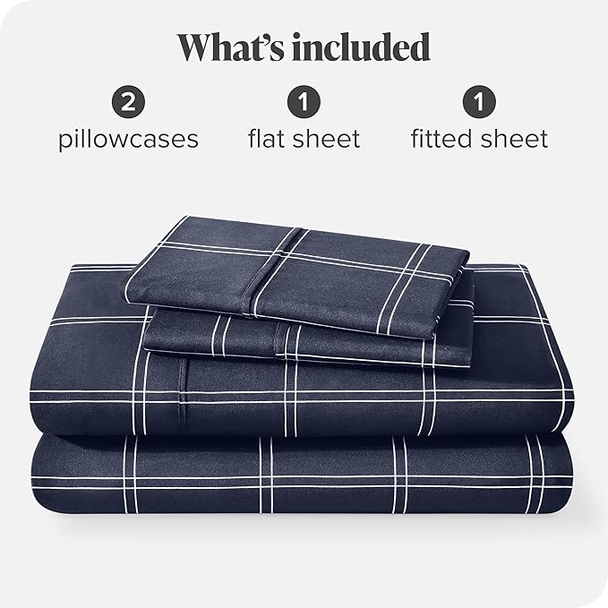 Bare Home King Sheet Set - Luxury 1800 Ultra- Soft Double Brushed Microfiber - Deep Pockets - Easy Fit - 4 Piece Bedding Sheet Set (King, Modern Plaid - Midnight/White)