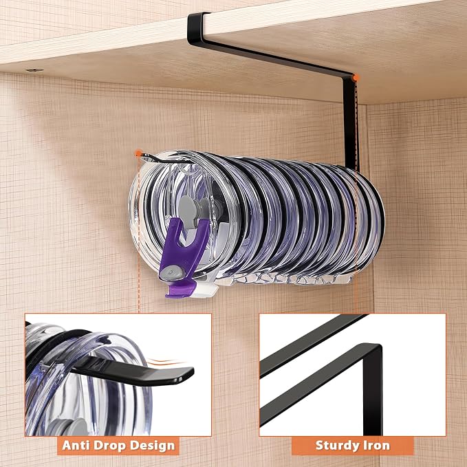 2 Pack Tumbler Lid Organizer, Versatile Tumbler Storage Holds 20 Lids Black | Space Saving Cup Lid Organizers Inside Cabinet Tumbler Lid Hook for Kitchen Organizer and Storage, Paper Towel Rack Hanger