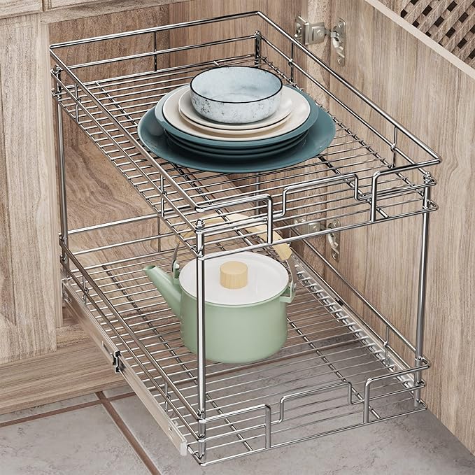 ROOMTEC New Version Pull Out Cabinet Organizer for Base Cabinet (14" W X 21" D), Kitchen Cabinet Organizer and Storage 2-Tier Cabinet Pull Out Shelves Under Cabinet Storage for Kitchen Silver,Chrome