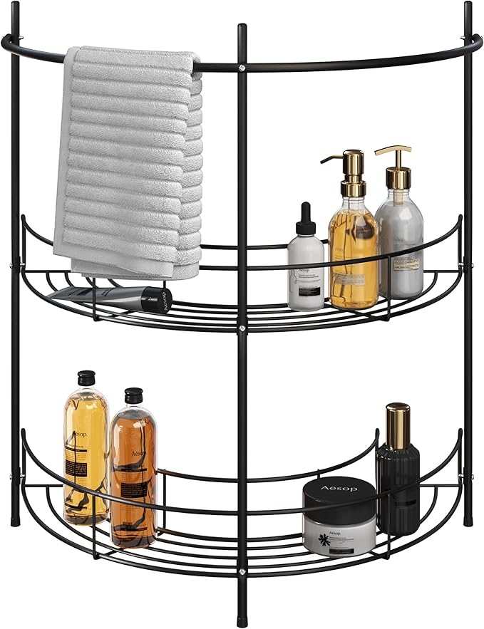 Pedestal Sink Organizer - Compact Under Sink Rack with 2 Storage Shelves and Towel Holder - Space Saving Bathroom Storage by Lavish Home (Black)