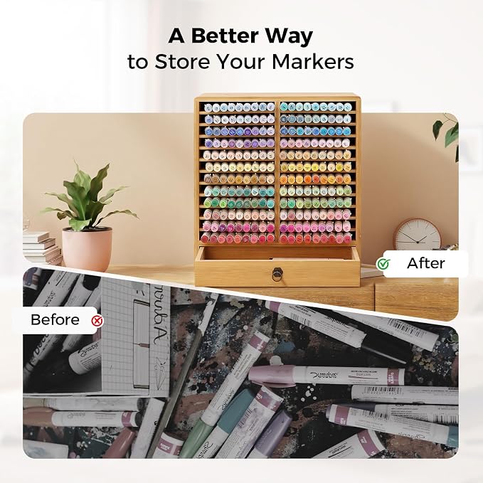 Marker Organizer For 216 Markers, Bamboo Storage Rack With Drawer | 24 Compartments And Pull-Out Drawer For Alcohol Markers, Pens, Art Supplies, Desks, And Craft Rooms