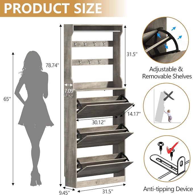 Wodeer Tall Shoe Cabinet with Coat Rack, Hidden Shoe Storage Cabinet with Doors & Drawer, Hanging Bar & Hooks, Slim Narrow Freestanding Shoe Rack Organizer for Entryway, Hallway & Living Room, Grey