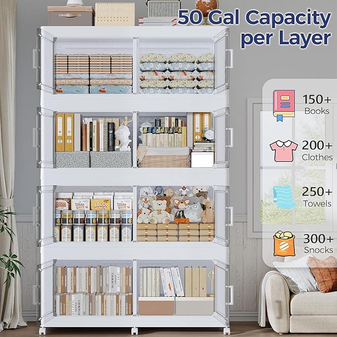 250GAL Storage Bins with Lid and Wheels, Stackable Closet Organizers and Storage Drawer, Collapsible Storage Box with Dividers, Foldable Plastic Cabinets for Room, Kitchen, 5 Pack White