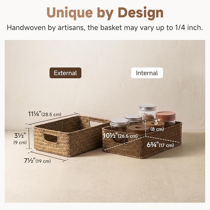 StorageWorks Wicker Baskets for Organizing, Woven Baskets for Storage | Seagrass, Pantry, Bathroom, Kitchen Closet, Table, Decorative, Book, Towel, Magazine, Food, Small, Medium, Rattan, Handle