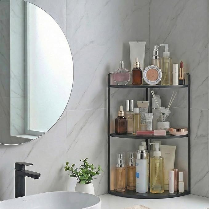 3 Tier Corner Bathroom Counter Organizer, Countertop Organizer, Makeup Organizer Countertop, Bathroom Storage Sink Shelf, Wooden and Metal Counter Shelf (Large Capacity-Black)