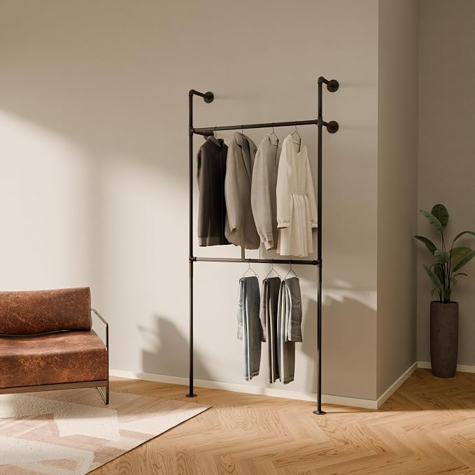 pamo Industrial Clothing Rack Wall Mounted Black – 41" W × 87" H, 441 lbs | Heavy Duty Pipe Closet System in Black Powder Coated Steel, Scratch-Resistant, Double Rod, Easy Assembly, Closet Organizer