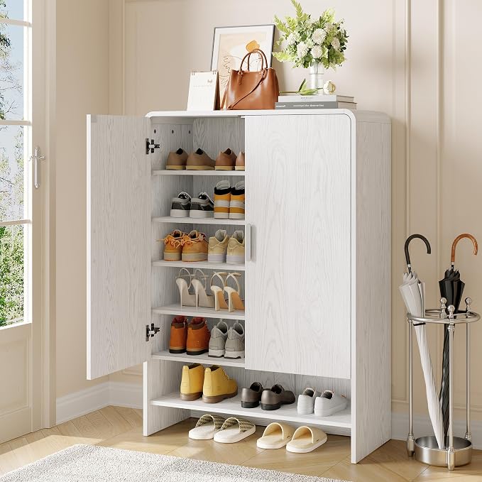 ONBRILL 6-Tier Shoe Storage Cabinet, 45'' Large Farmhouse Shoe Cabinet for Entryway, Modern Wooden Shoe Rack Organizer with Doors and Shelves, for Front Door Hallway (White)