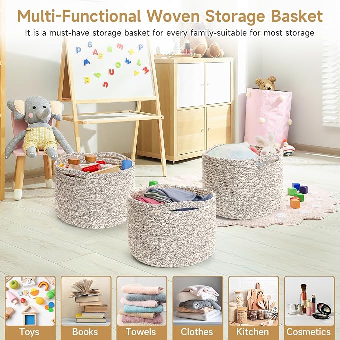Small Rope Baskets for Storage, Baskets for Gifts Empty, Cute Round Woven Basket, Decorative Shelf Baskets 9.82×9.82×7.1", Cotton Toy Basket Storage Bins for Organizer 3 Packs-Brown