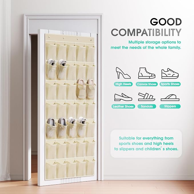 WVM Over the Door Shoe Organizer with 35 Breathable Mesh Pockets, Hanging Shoe Organizer for Door with 4 Metal Hooks, Large Capacity Closet Storage for Shoes, Accessories