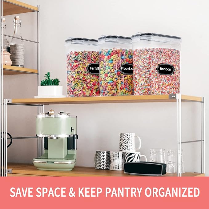 PRAKI Cereal Containers Storage Set (4L,135.2 Oz), 8PCS Airtight Food Storage Containers with Lids for Kitchen & Pantry Organizers and Storage, Cereal Dispensers with 20 labels, Measuring Cup & Marker