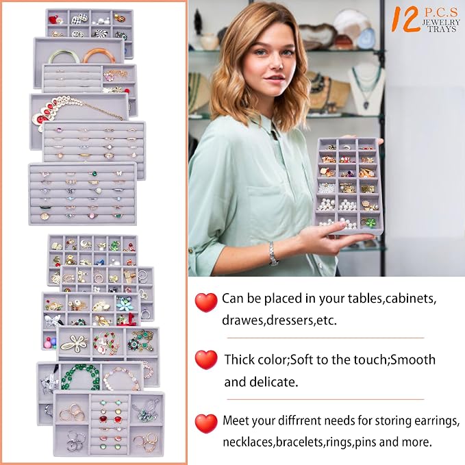 12 Set Jewelry Organizer Trays Stackable Jewelryy Display Case Storage Box for Earring Necklace Rings Bracelet Watch