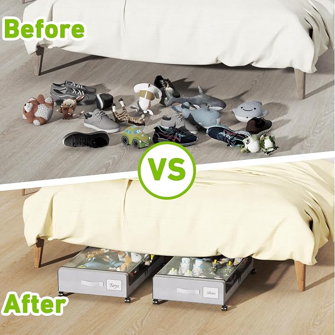 Tututry Under Bed Storage with Wheels, XXL 60L Under the Bed Storage Bins, Underbed Storage Containers with Lids & Label, Rolling Metal Drawer for Shoes, Clothes, Books, Toys (4-Pack Gray)