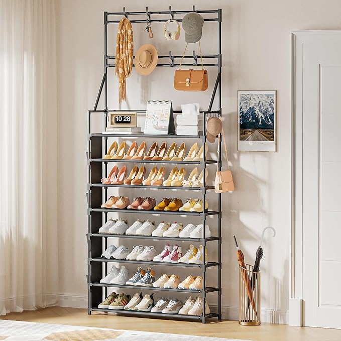 OYREL Shoe Rack 8 Tier Large Shoe Organizer Storage 32-40 Pairs | Metal Shoe Storage Rack with Hooks and Side Pocket for Entrance Entryway Closet Shoe Shelf Holder