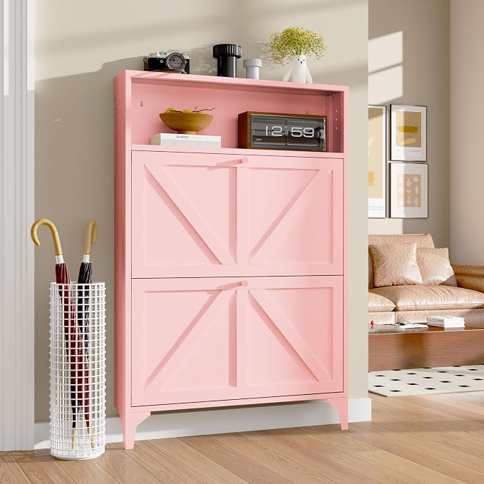Shoe Cabinet with 2 Flip Drawers and Open Top Space-Metal Narrow Shoe Rack for Entryway,Hallway,Living Room-Hidden Metal Shoe Cabinet-Freestanding Shoe (2 Door, Pink)