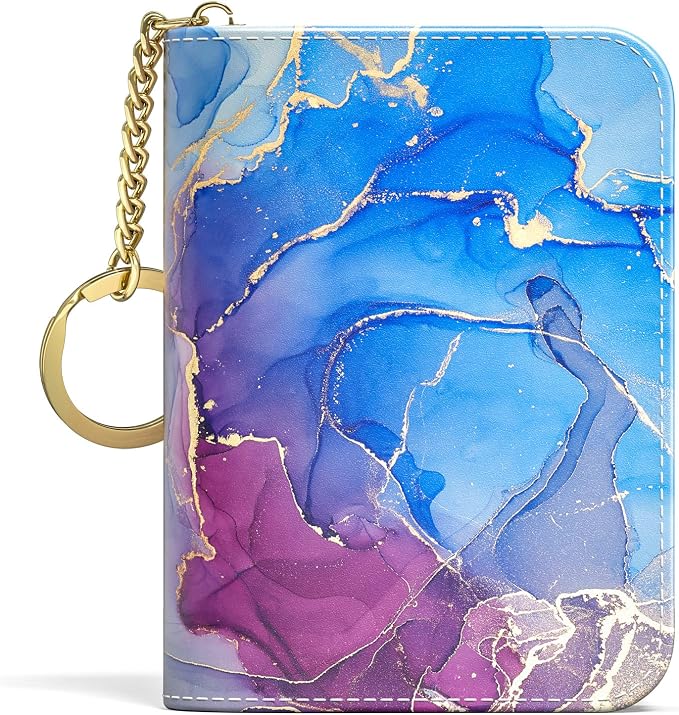 Aiawoxc Credit Card Holder for Women, Small RFID Wallet Slim Leather Card Organizer Case with Zipper and Keychain, Purple Marble
