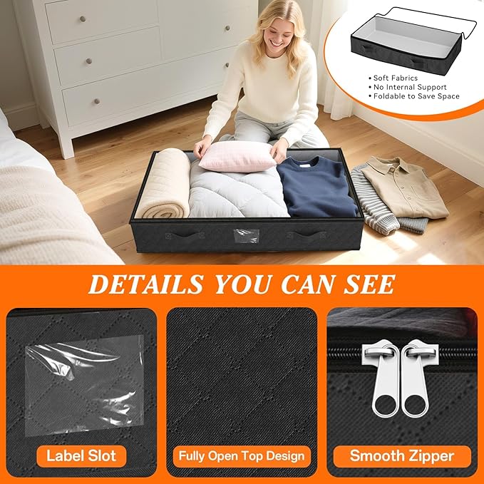 SpaceWhisper 90L Under Bed Storage Containers, 2-Pack Storage Bins with Clear Top, Foldable Closet Organizers and Storage with Label Holder for Clothing, Blankets, Comforter & Pillows(Black)