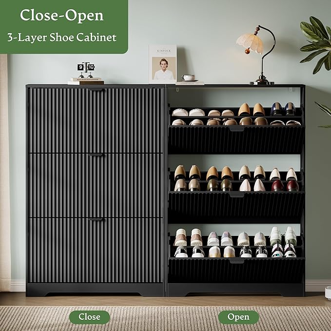 Xixini Shoe Storage Cabinet for Entryway with 3 Flip Drawers, Hidden Slim Wood Shoe Organizer with Modern Fluted Panel, Freestanding Narrow Shoe Rack for Front Door Entrance, Hallway, Foyer, Black