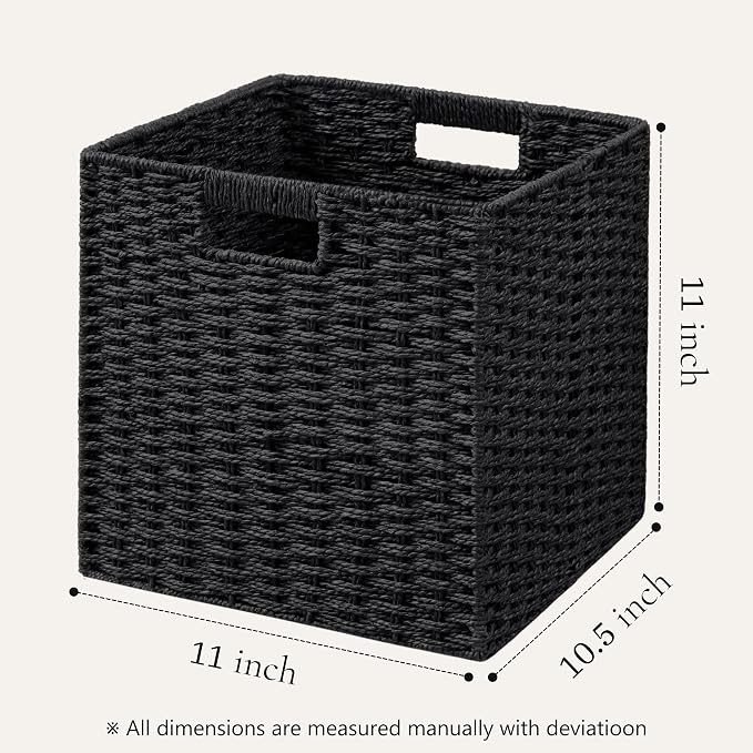 UBBCARE 3 Pack Wicker Basket, 11L×11H×10.5W inch Woven Paper Rope Storage Baskets for Shelves, Foldable Cube Storage bin with Handle, Storage Basket for Organizing & Decor, Black