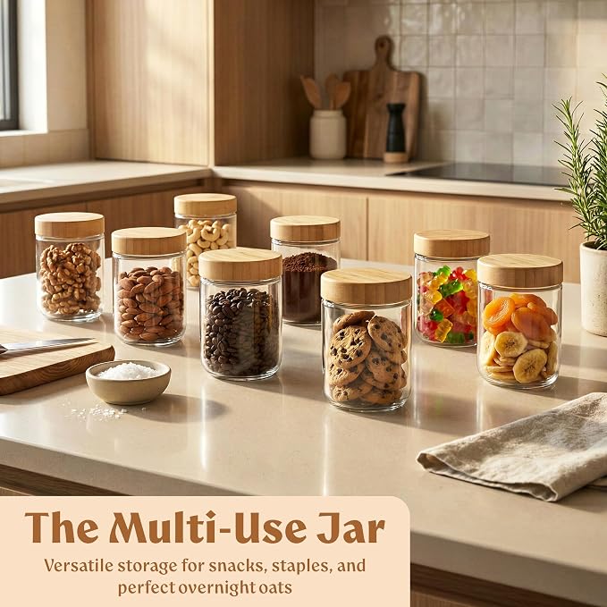 EDELHAUS Overnight Oats Containers with Lids Bamboo (4 x 16oz) Glass Jars for Oatmeal, Meal Prep, Food Storage | Leak-Proof Mason Jars for Oats, Cereal, Yogurt, Chia Pudding [Thicker Glass 3mm]