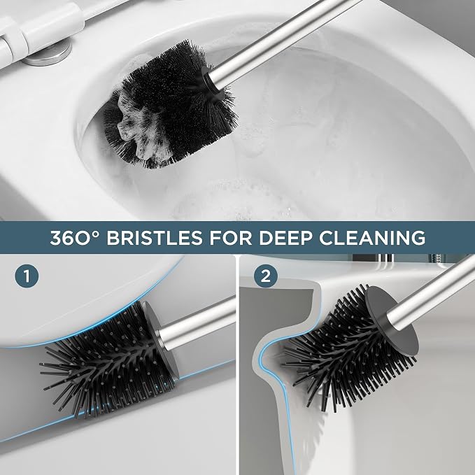 FORIOUS Toilet Brush, 2 Toilet Bowl Brush Head Square Tall Brushed Nickel | Heavy Duty 304 Stainless Steel Base, Silicone and Plastic Brush Heads, Long Handle for Deep Cleaning, Drip-Proof