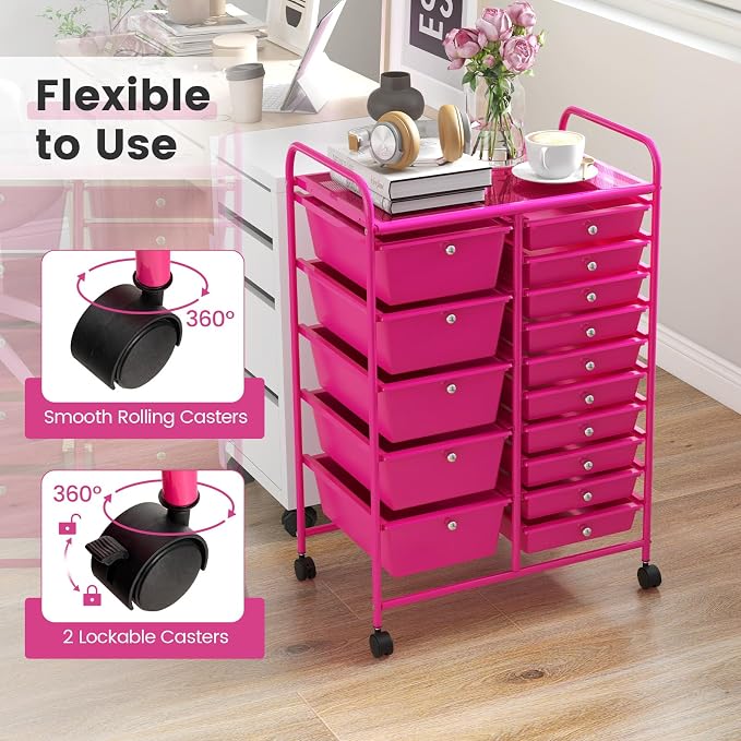 COSTWAY 15 Drawer Rolling Storage Cart, Mobile Storage Organizer | Removable Drawers & Metal Frame, Multipurpose Utility Tools Paper Organizer on Wheels for Home, Office (Hot Pink)