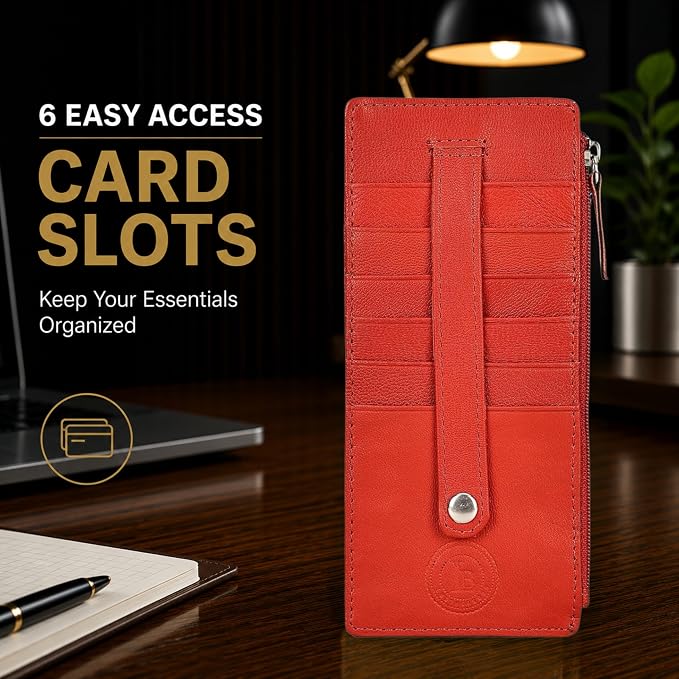 Leatherboss Genuine Leather Women's All in One Credit Business Card Case Holder Slim Zipper Wallet With a Card Protection Strap, Red