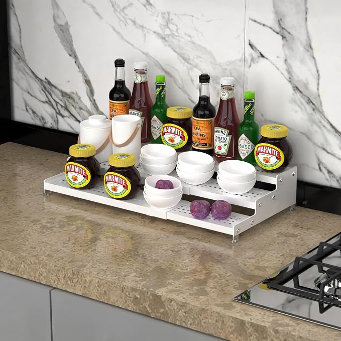 Jojocross Spice Rack Organizer for Cabinet, 3 Tier Expandable shelf, Great for Kitchen Cabinets, Cupboard,Pantry and more,Metal plate with hole (1 Pack/White,9.45" D x 12.8"~24“L x 3.56" H)