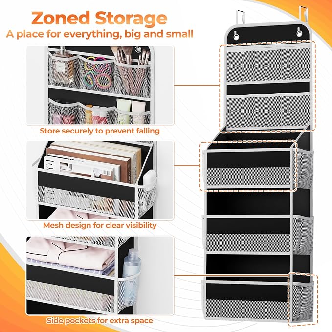 SpaceHacks 5-Tier Over the Door Organizer with Mesh Pockets, Baby Nursery Storage for Closet, Bathroom and Bedroom, Adjustable Hanging Closet Organizer for Cosmetics, Books and Essentials (Black)