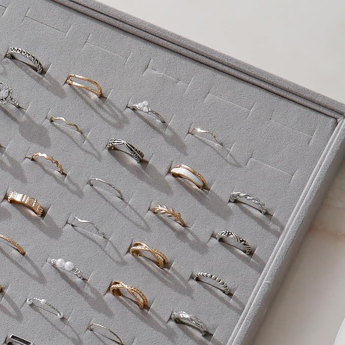 Large Jewelry Organizer for Drawer Insert Velvet Stackable Jewelry Trays for Earring Necklace Bracelet Ring Display (Gray, Ring 81 Slots)