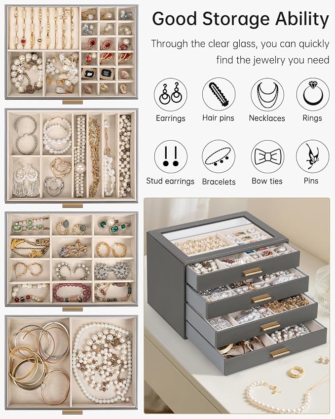 AKOZLIN Jewelry Box with Clear Lid Functional Leather Jewelry Storage Organizer Case 4 Drawers for Women Girls Necklace Ring Bracelet Earring DarkGrey