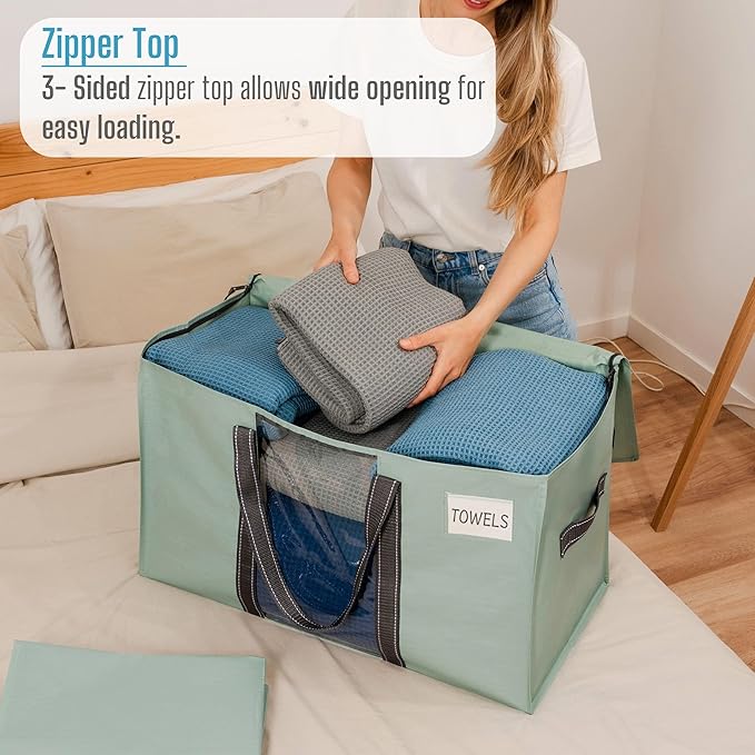 VENO 10 Pack Moving Bags with Clear Window, Heavy Duty Storage Bins with Lid, Around Handles, Tag, Zippers, Extra Large Totes Packing Moving Boxes Supplies for College Dorm Clothes (Light Green)