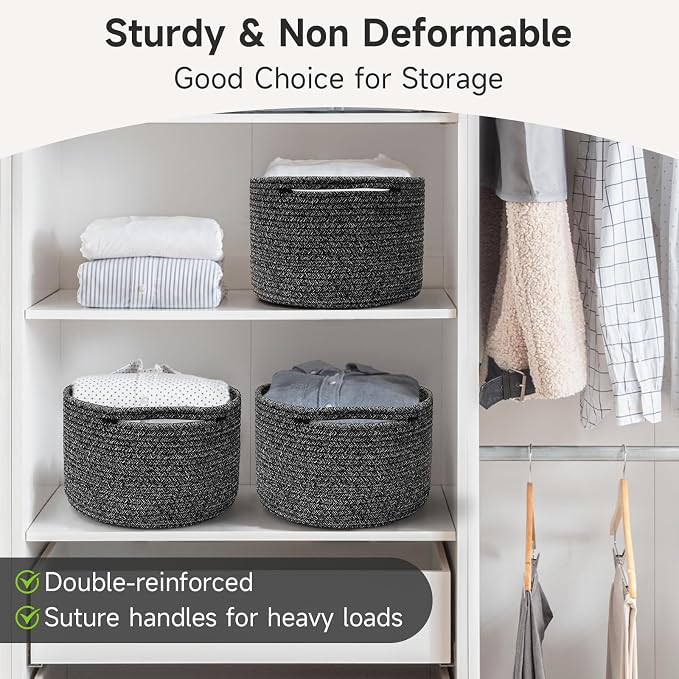 Small Rope Baskets for Storage, Baskets for Gifts Empty, Cute Round Woven Basket, Decorative Shelf Baskets 9.82×9.82×7.1", Cotton Toy Basket Storage Bins for Organizer 3 Packs Black