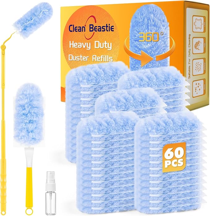 60 PCS Duster Refills for Swiffer Duster, 360 Heavy Duty Duster Refills with 3 FT Extended Handle and Short Handle, Disposable Dusters for Cleaning Ceiling Fan, Blinds, Vent, Furniture