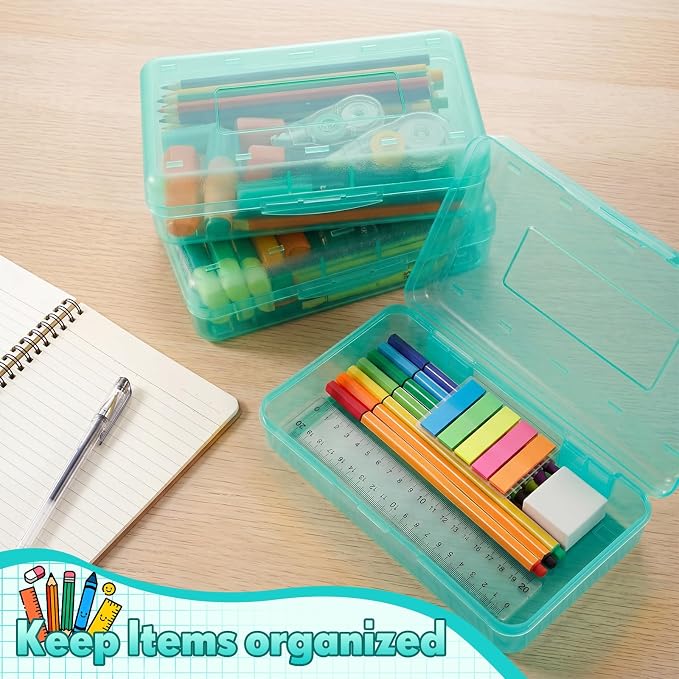 Blulu 6 Pack Large Plastic Pencil Case Box Clear Pencil Boxes Bulk Hard Crayon Box Storage with Snap Lids 8.1 x 4.7 x 2.2 Inch Painting Organizer Classroom Stationery School Supplies (Mint Green)