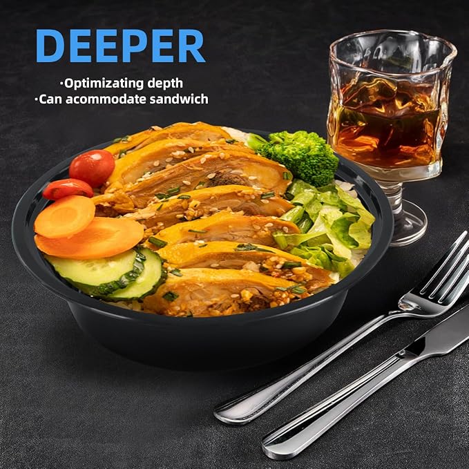 24oz Round Meal Prep Containers, Black, Leak-Proof Stackable Bento Boxes with Lids, BPA-Free, 50 Pack