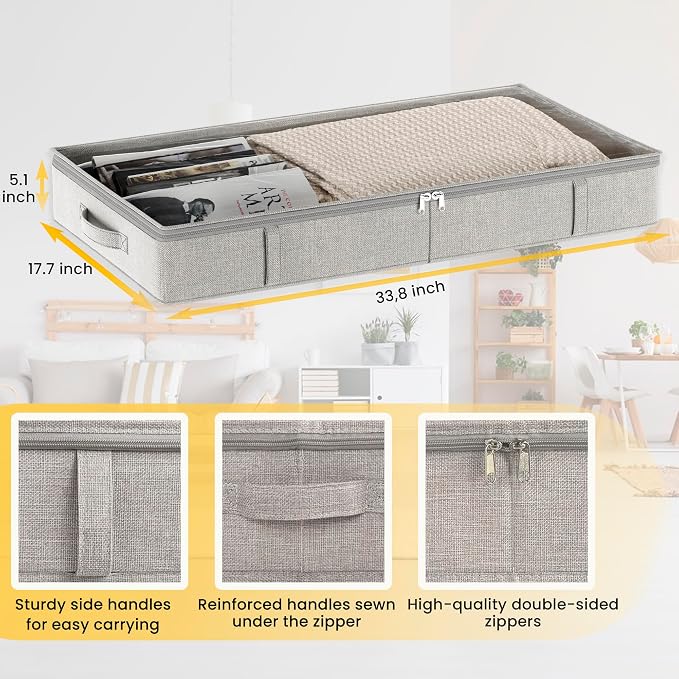 Gray Low Profile Under Bed Storage Containers 5 inches high, 33.8"x 17.7"x 5.1", Sturdy Underbed Shoe Storage Organizer, White Foldable Fabric Under the Bed Storage Bins - Pack of 2