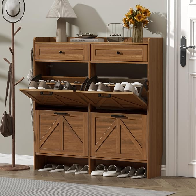 Thacuok Shoe Cabinet with 4 Flip Drawers & 2 Storage Drawers, Rustic Farmhouse Narrow Shoe Organizer Cabinet, Slim Shoe Rack Cabinet, Shoe Storage Cabinet for Entryway, Hallway, Front Door