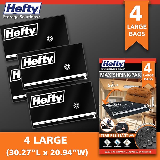 Hefty MAX Shrink-Pak Vacuum Seal Storage Bags for Clothing, Travel, Bedding | Tear & Water Resistant, Dual-Valve Space Saver Compression Bags - Large, 4-Pack