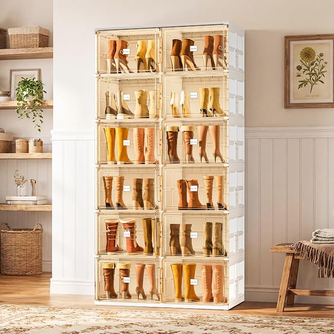 JEKO&JEKO Foldable Boot Storage Cabinet with Magnetic Doors,4-Tier Double-Column Tall Shoe Organizer for Closet & Entryway,Space Saving Shoe Rack for Boots,Fits Up to 16 Pairs, White